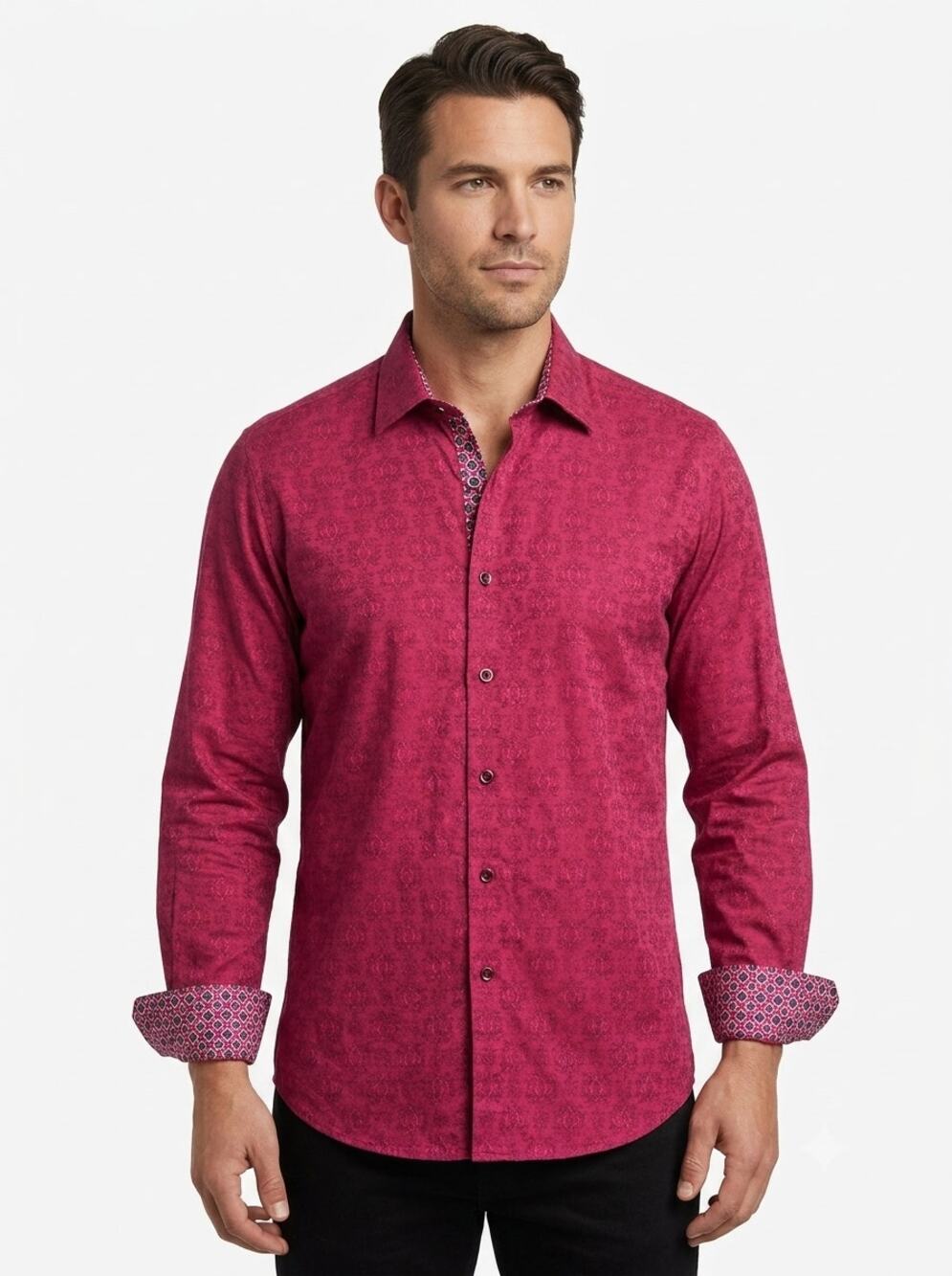 Robert Graham Button Up Shirt Mens Large Pink Magenta Damask Long Sleeve Classic